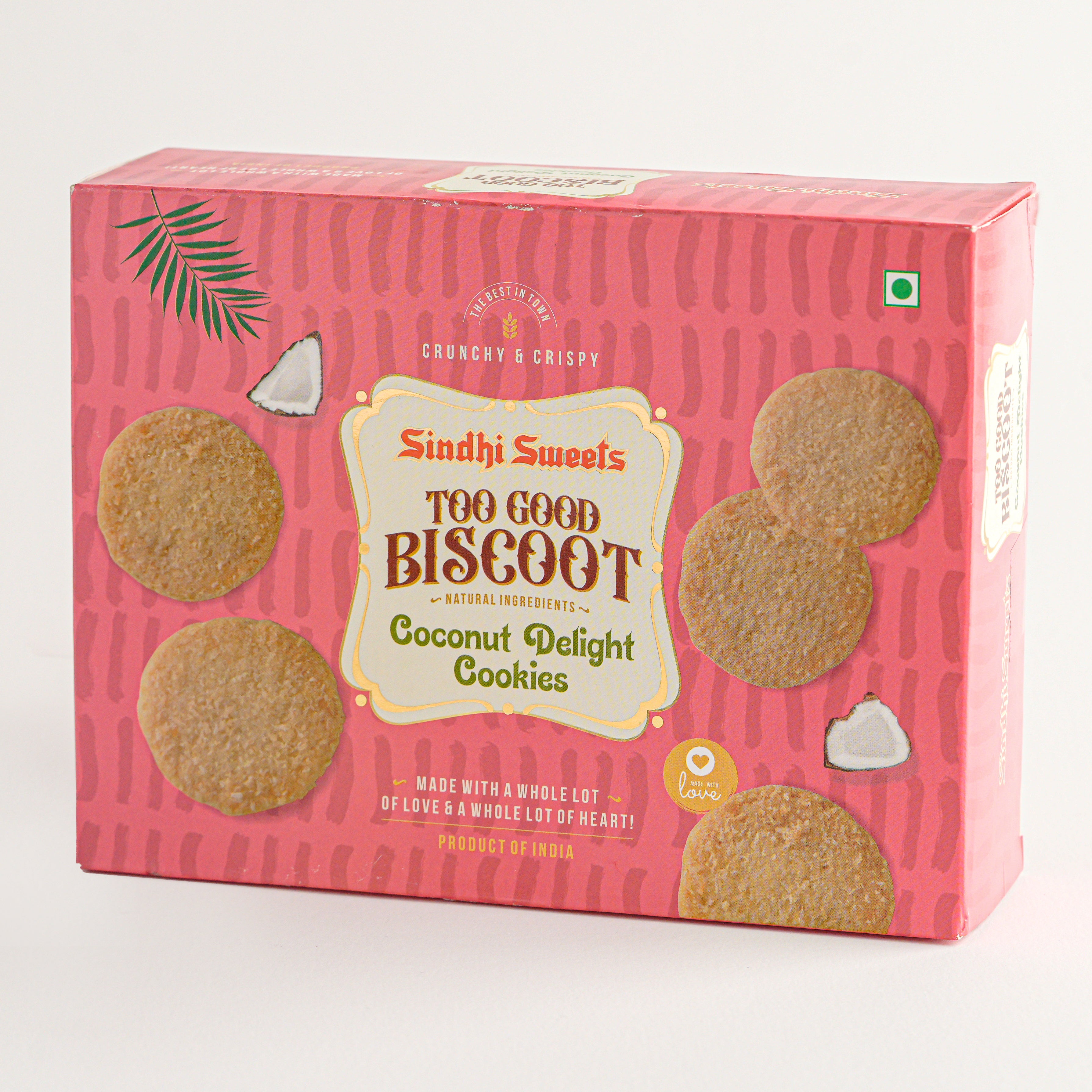 Box of Sindhi Sweets Too Good Biscoot Coconut Delight Cookies on a white background