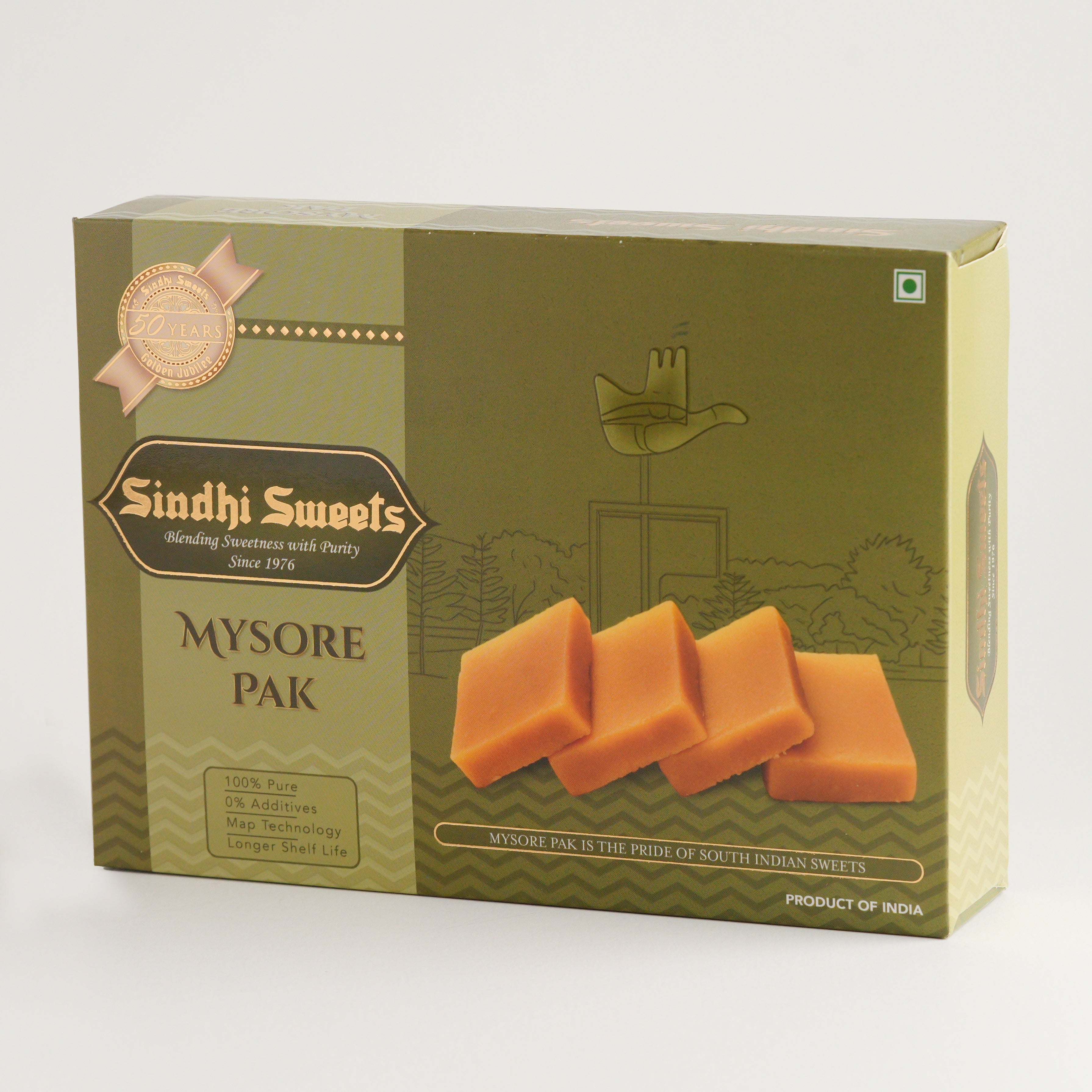 Box of Sindhi Sweets Mysore Pak on a white background
