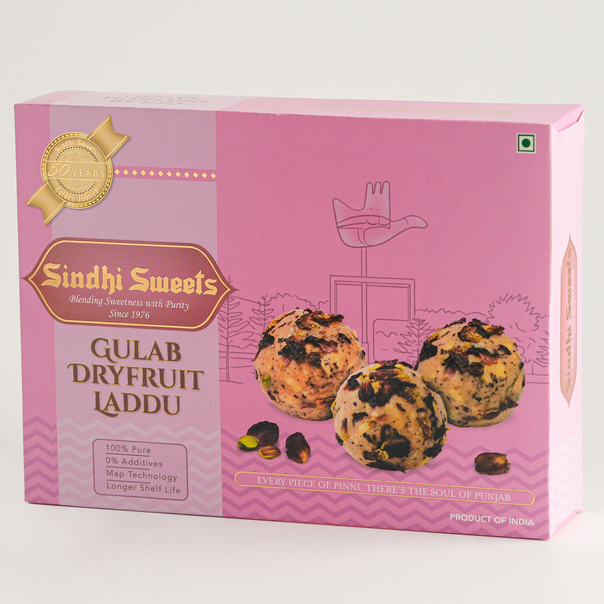 Pink box of Sindhi Sweet's Gulab Dryfruit Laddu on a white background