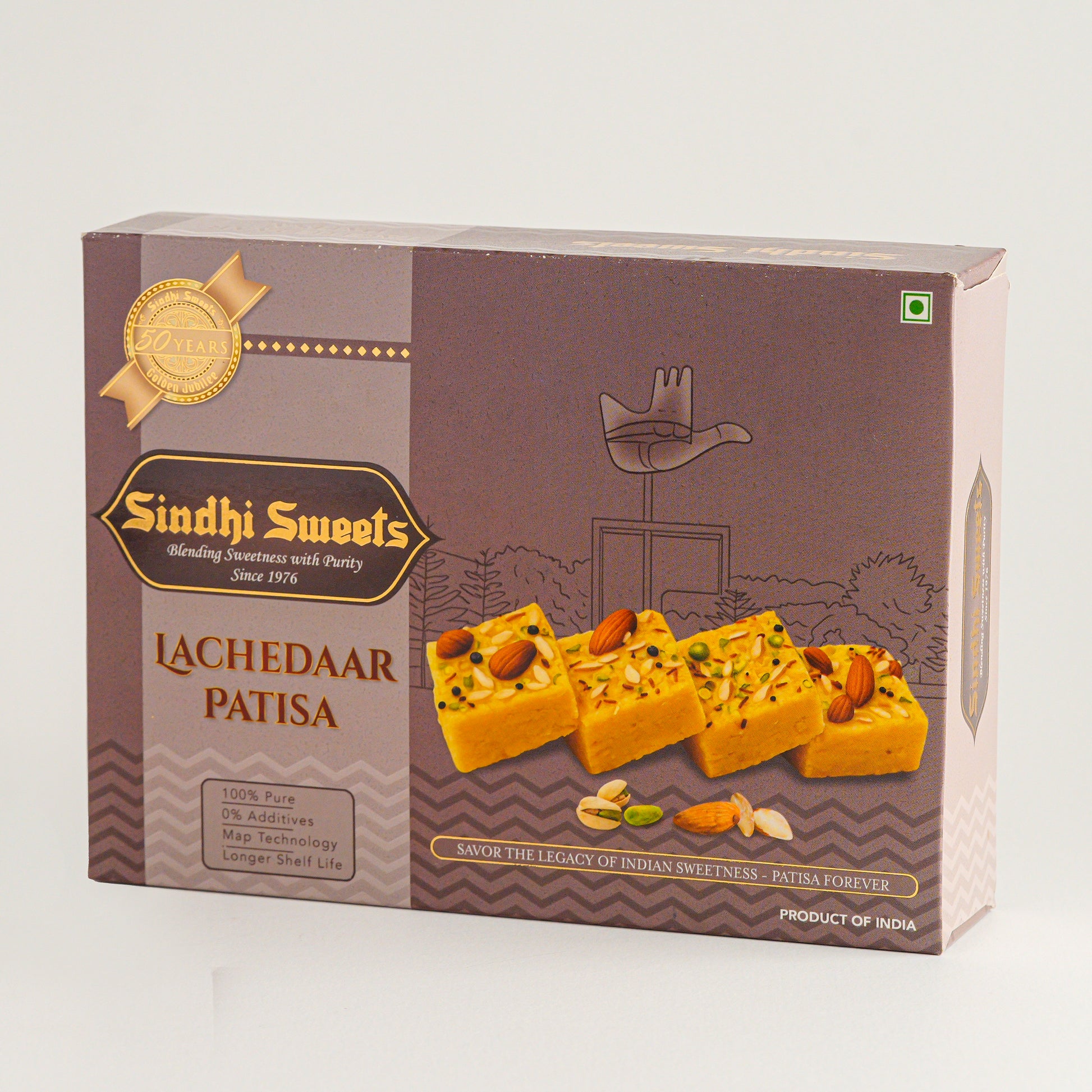 Box of Sindhi Sweets Lachedaar Patisa on a white background