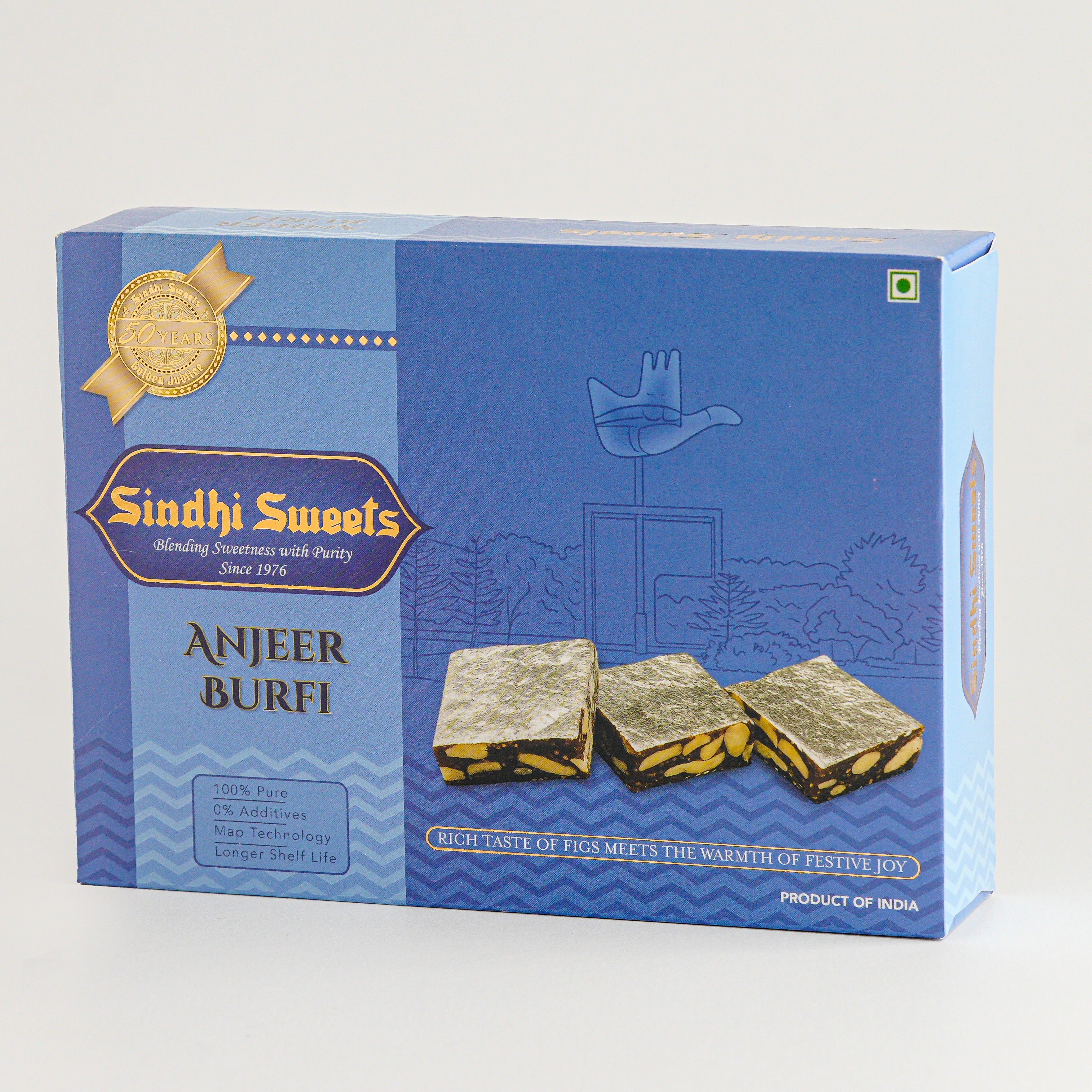 Box of Sindhi Sweets Anjeer Burfi on a white background