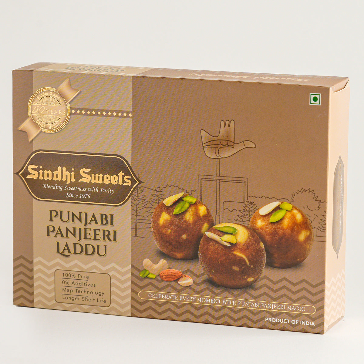 Box of Sindhi Sweets Punjabi Panjeeri Laddu on a white background