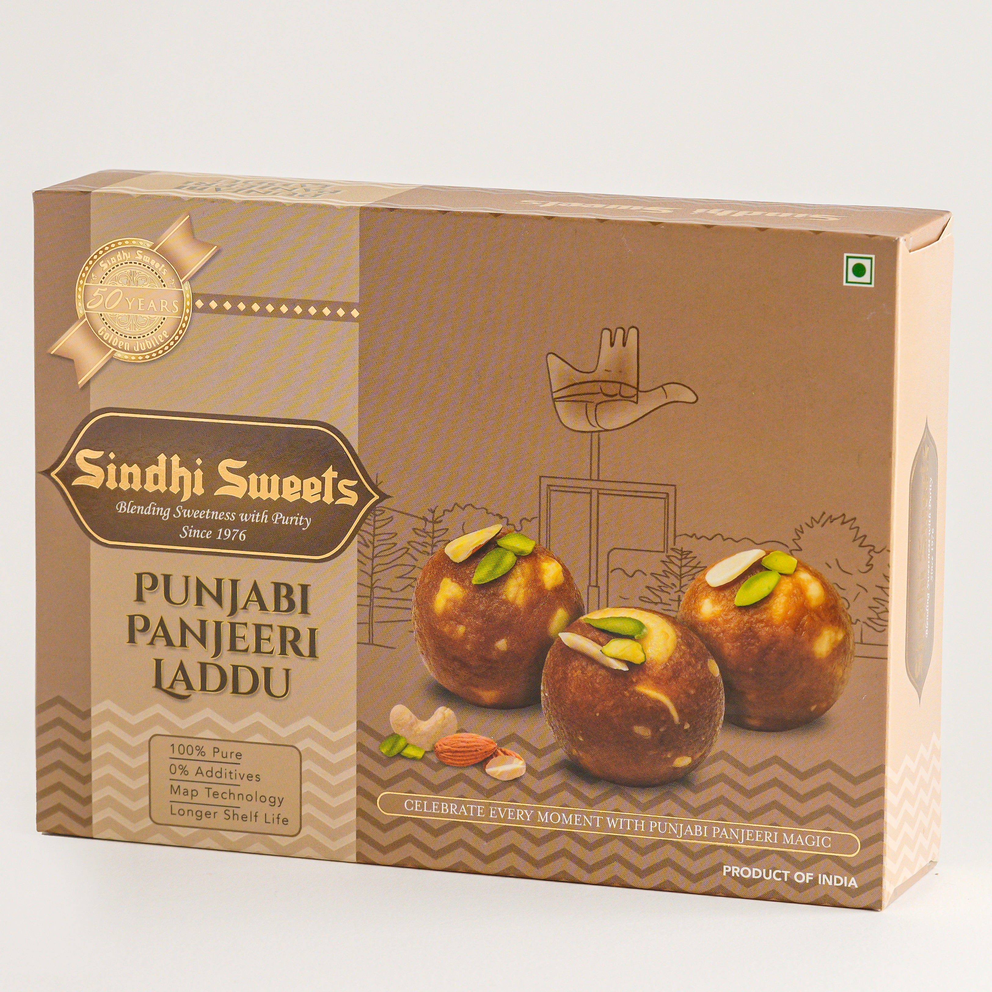 Box of Sindhi Sweets Punjabi Panjeeri Laddu on a white background