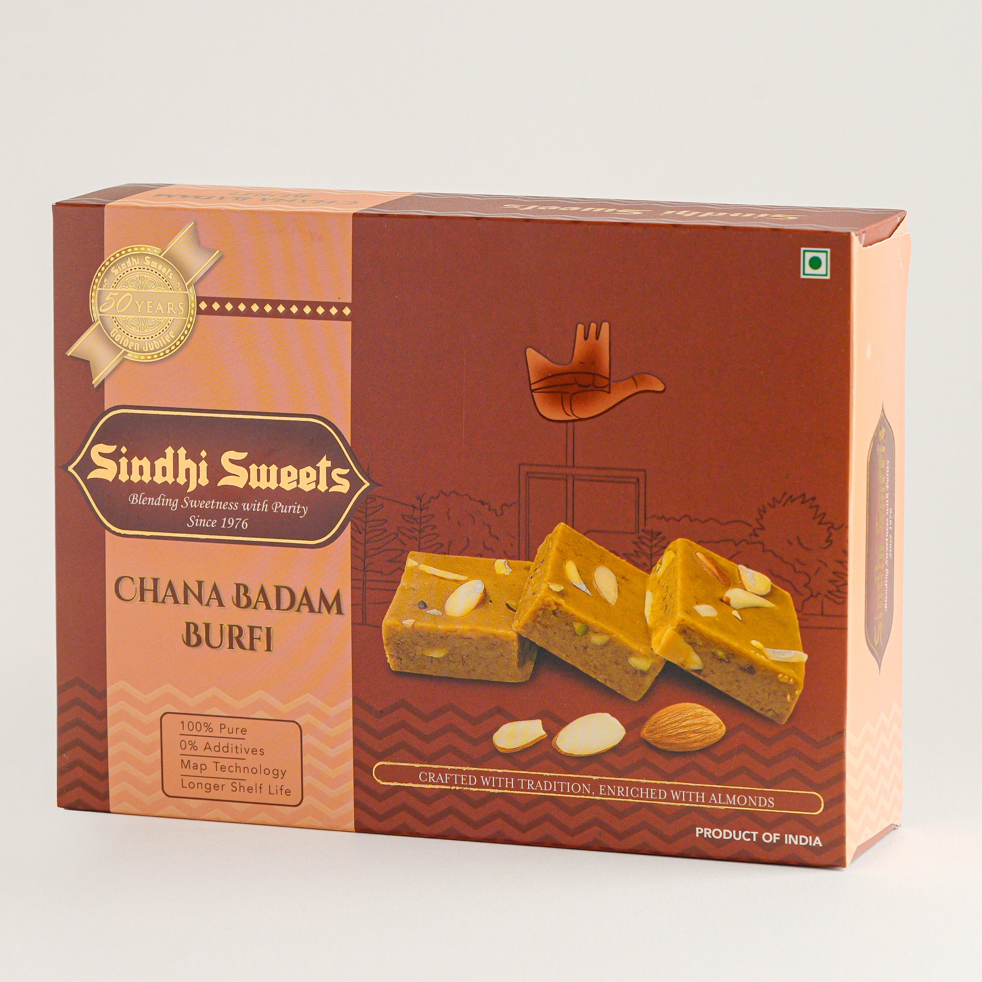 Box of Sindhi Sweets Chana Badam Burfi on a white background