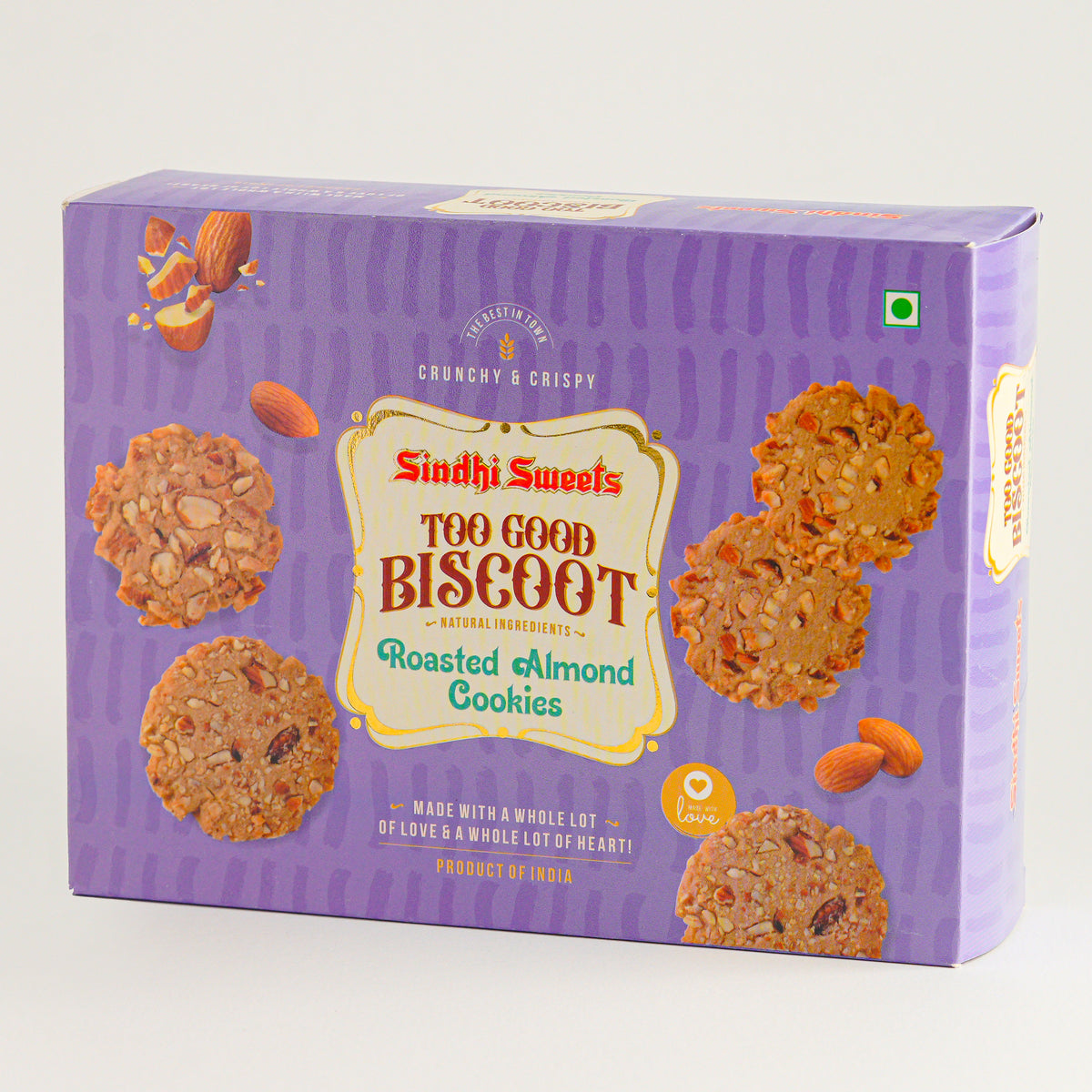 Box of Sindhi Sweets Too Good Biscoot Roasted Almond Cookies on a white background