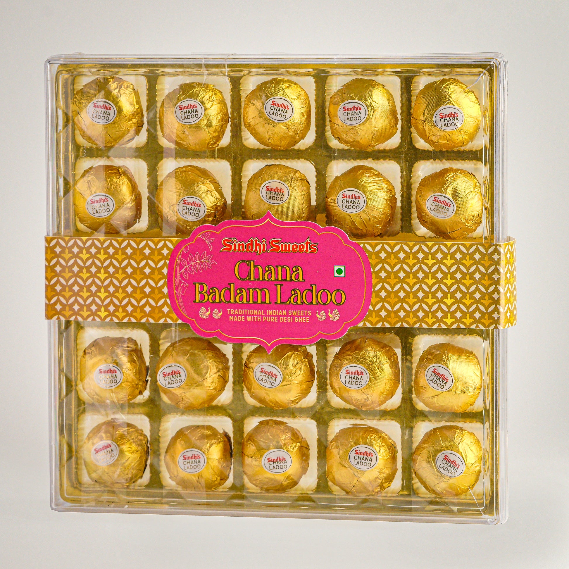 Packaged Chana Badam Ladoo with a pink label on a white background
