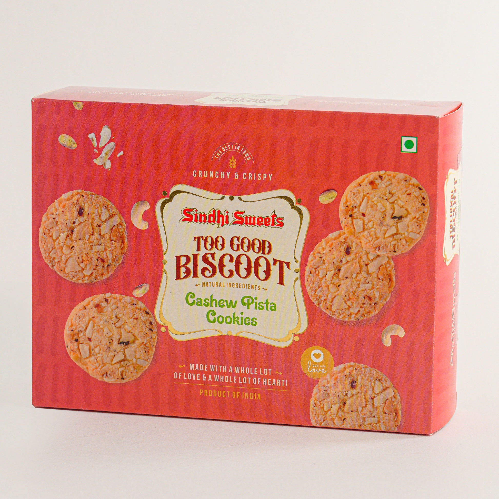 Box of 'Too Good Biscoot' cookies with a red background and images of cookies on a white background.