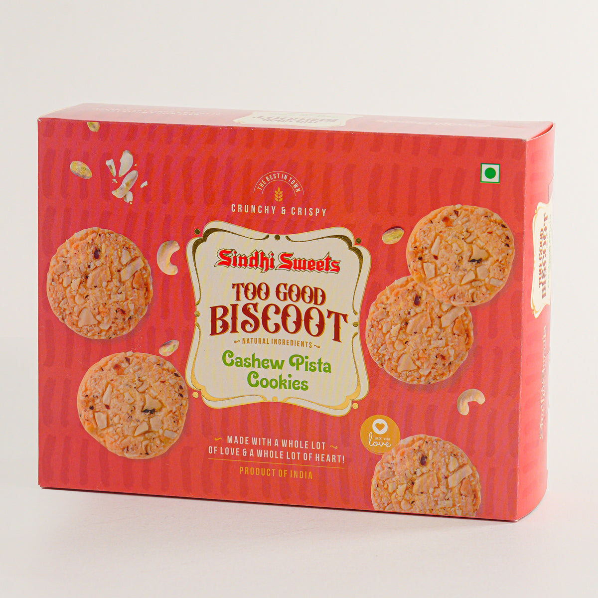 Box of 'Too Good Biscoot' cookies with a red background and images of cookies on a white background.