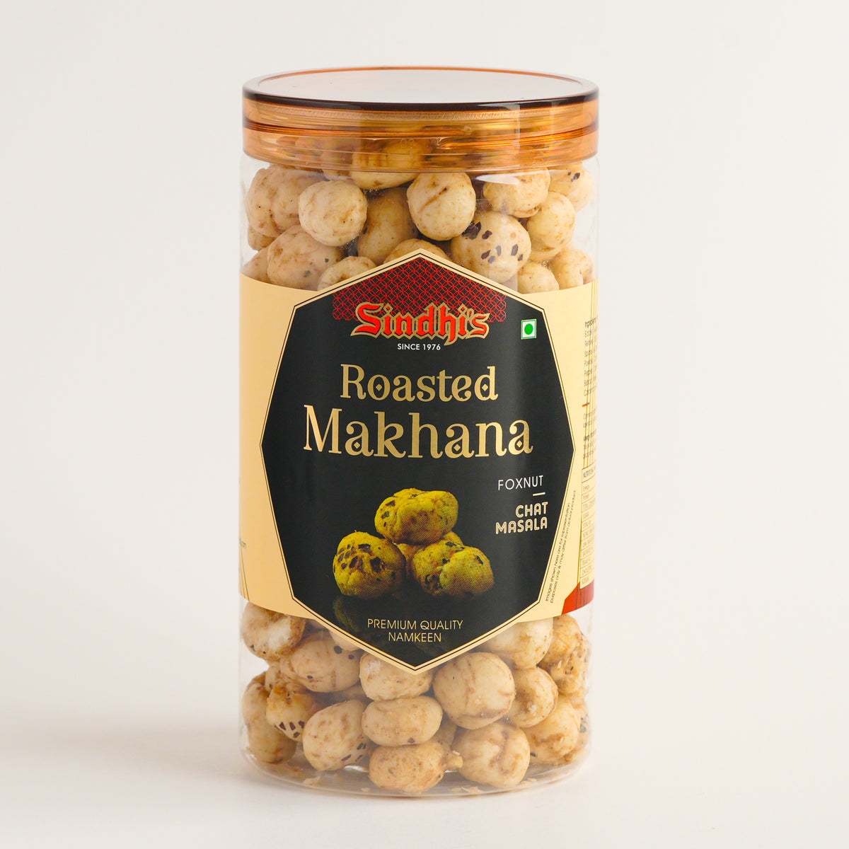 Jar of Sindhi's Roasted Makhana with a clear lid on a white background
