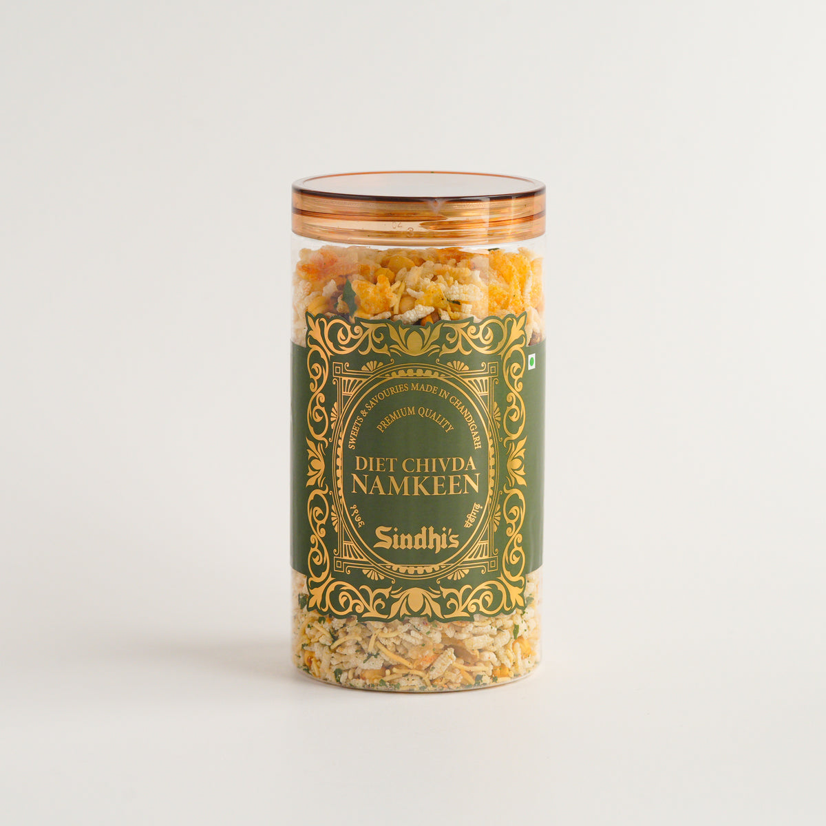 Jar of Diet Chivda Namkeen with decorative label on a light background