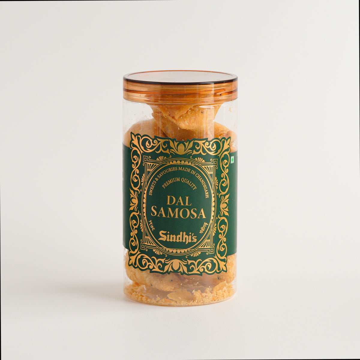 Jar of Dal Samosa with a green label on a white background