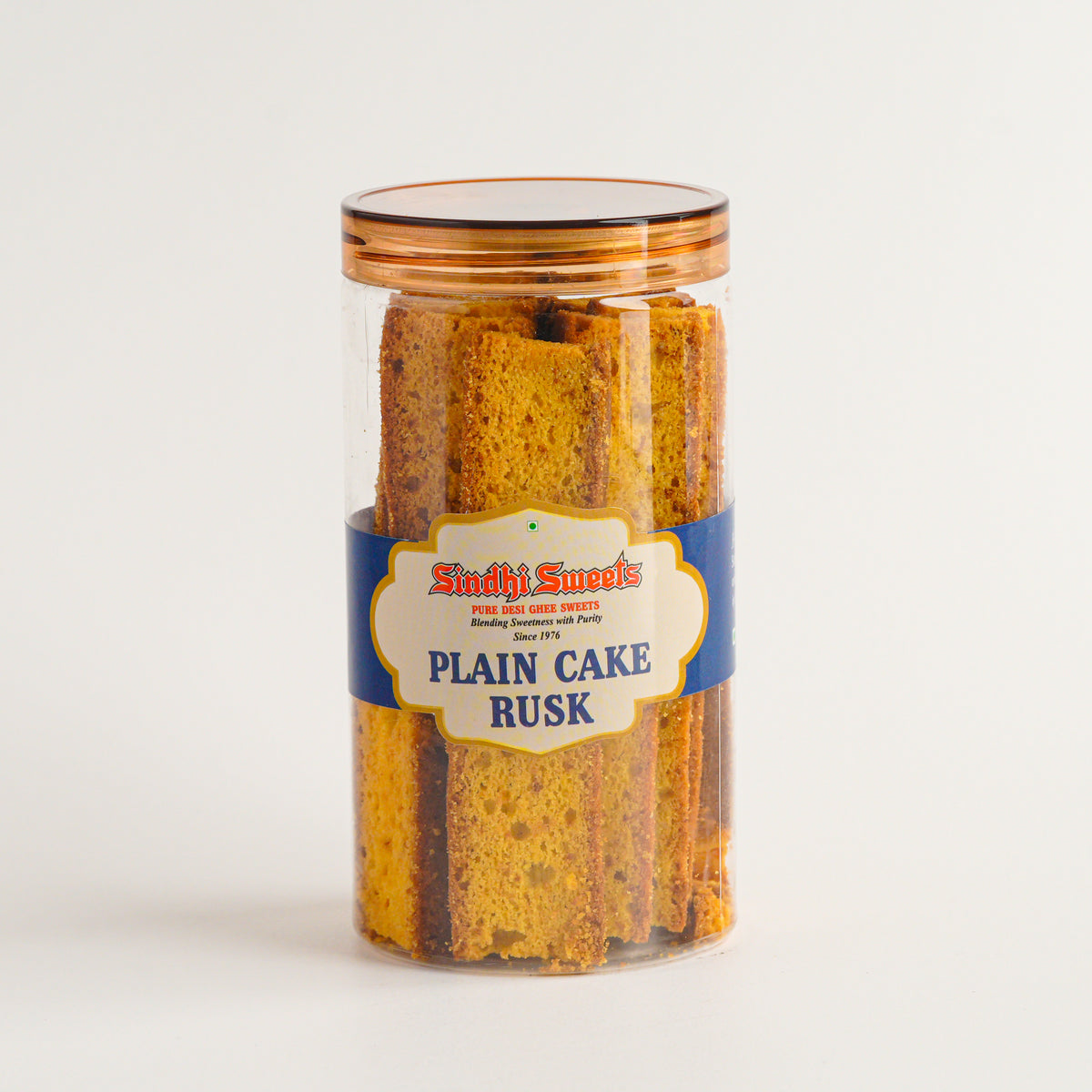 Jar of plain cake rusk with a label on a white background