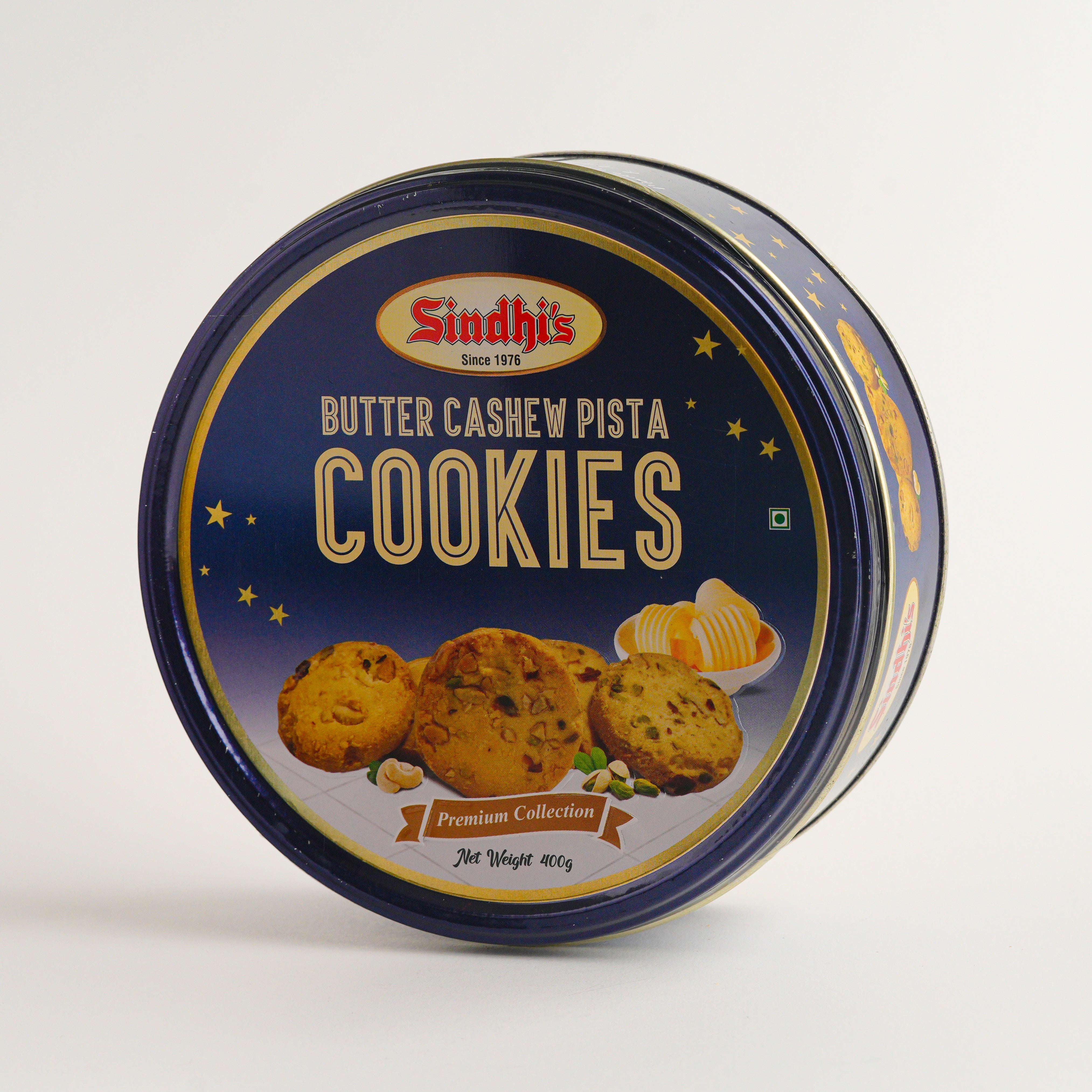 Container of Sindhi's Butter Cashew Pista Cookies on a white background