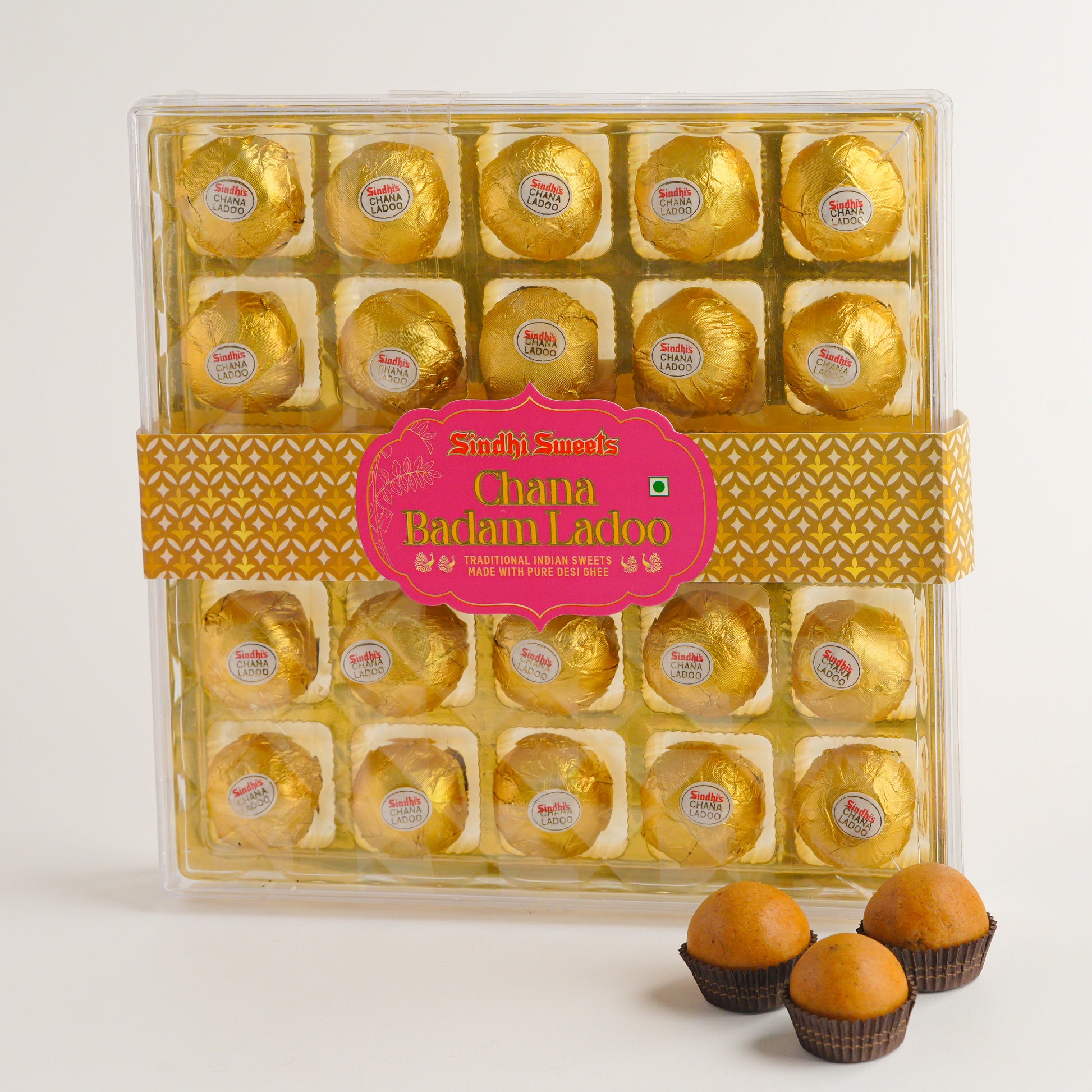 Packaged sweets with a pink label on a white background