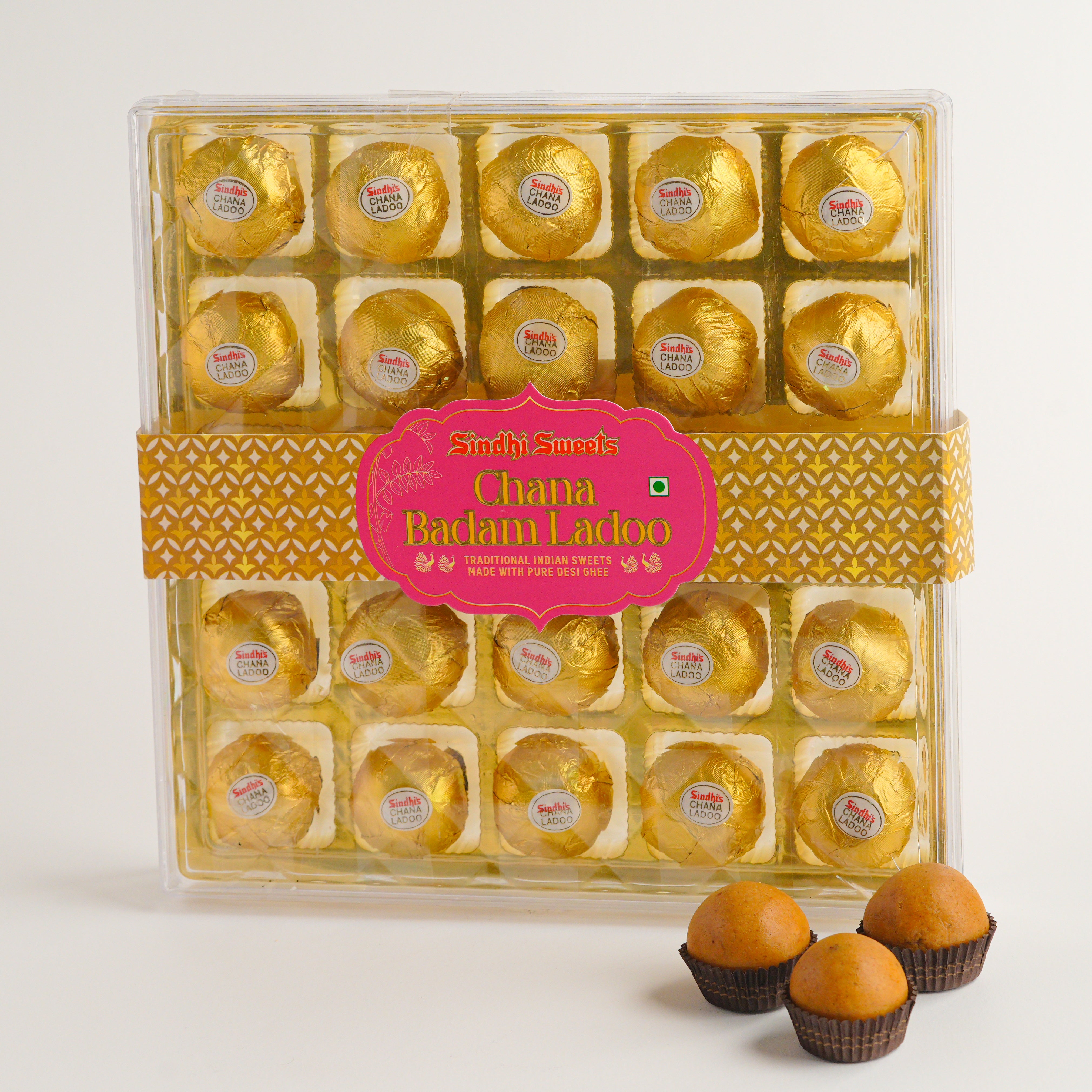 Packaged sweets with a pink label on a white background