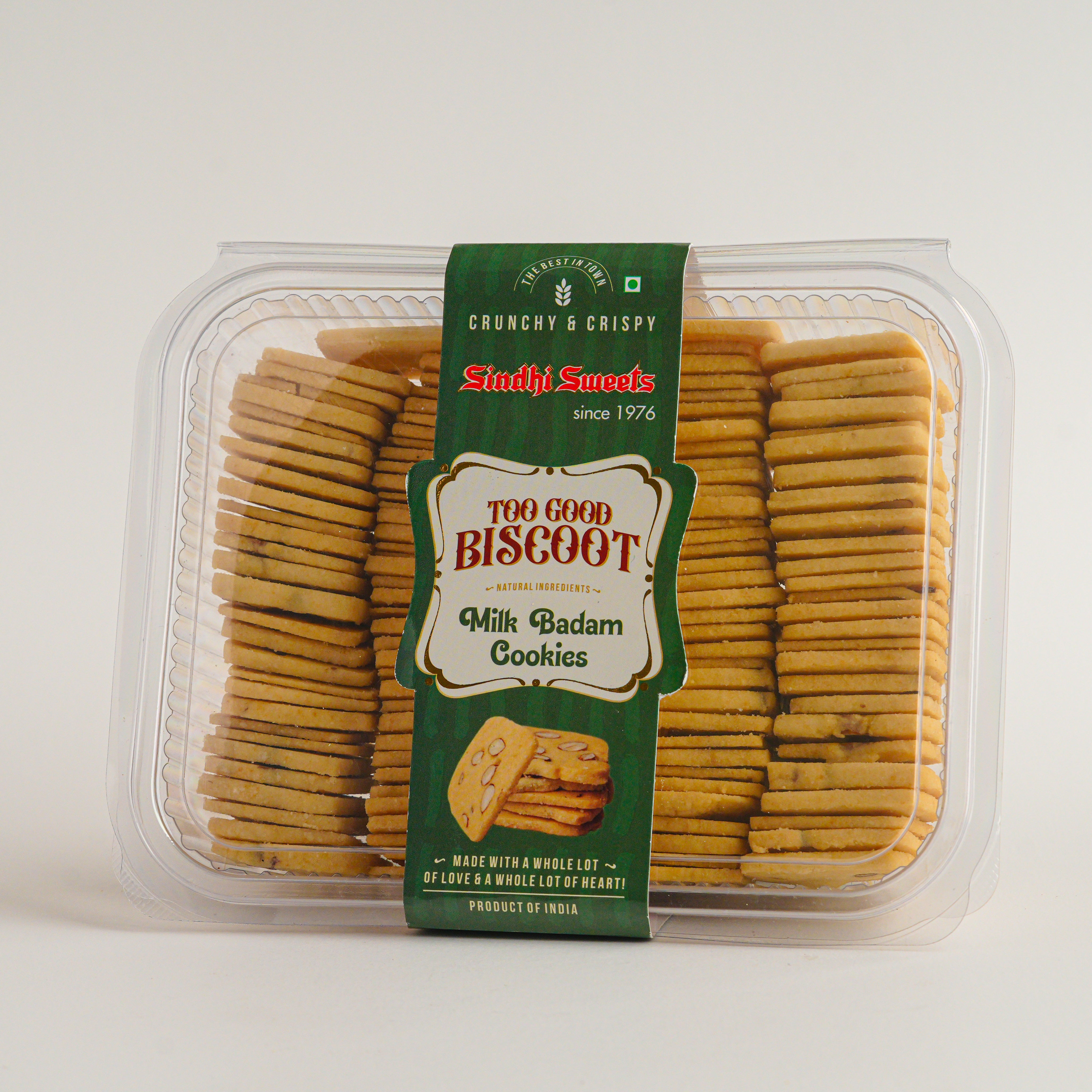 Packaged cookies with a green label on a white background