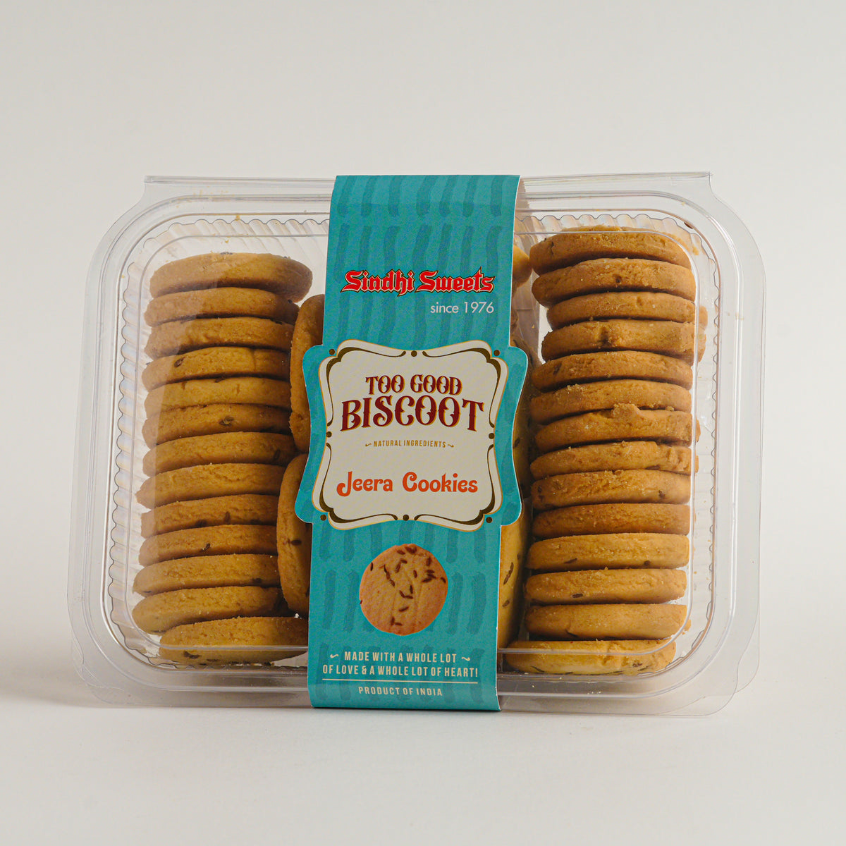 Packaged cookies with a blue label on a white background