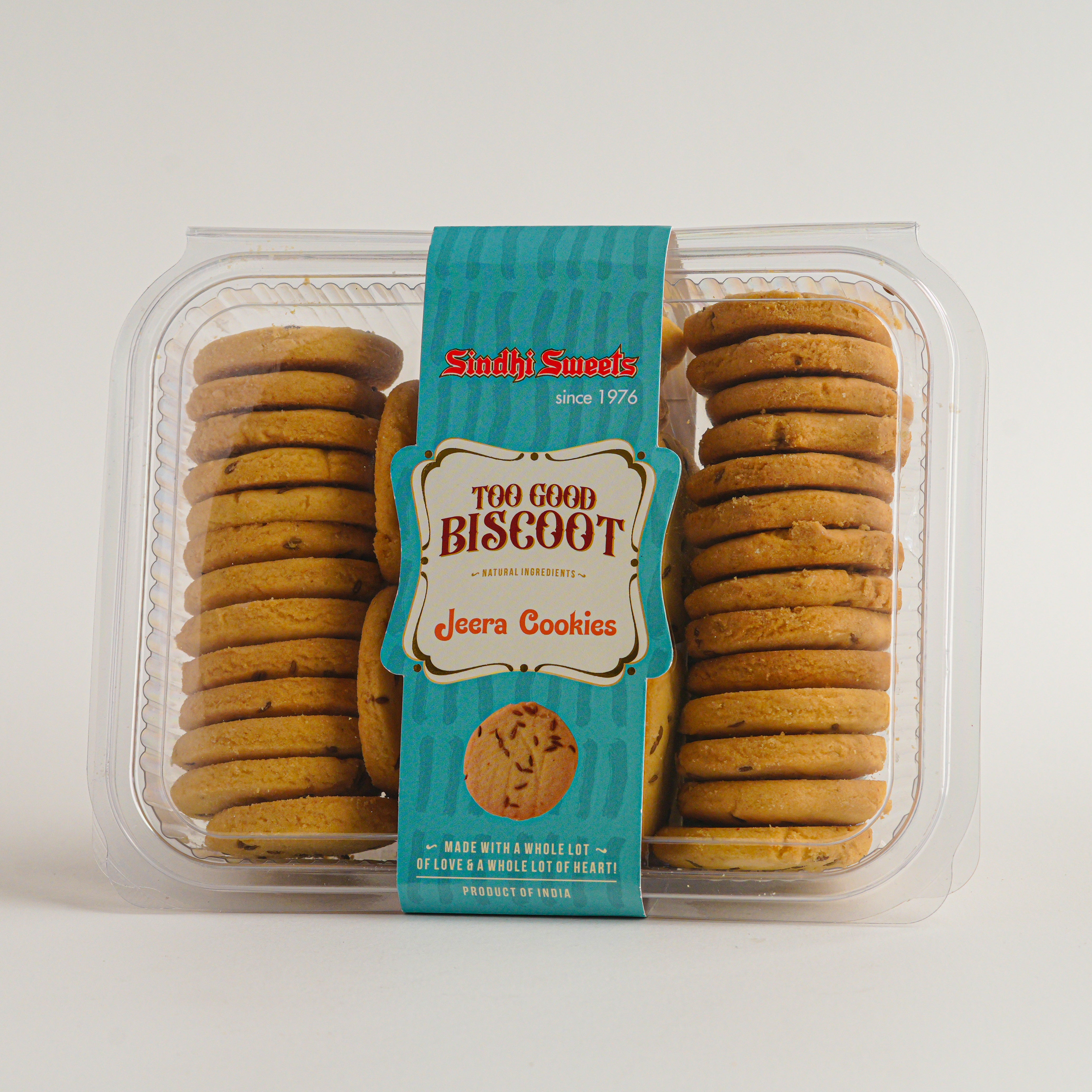 Packaged cookies with a blue label on a white background