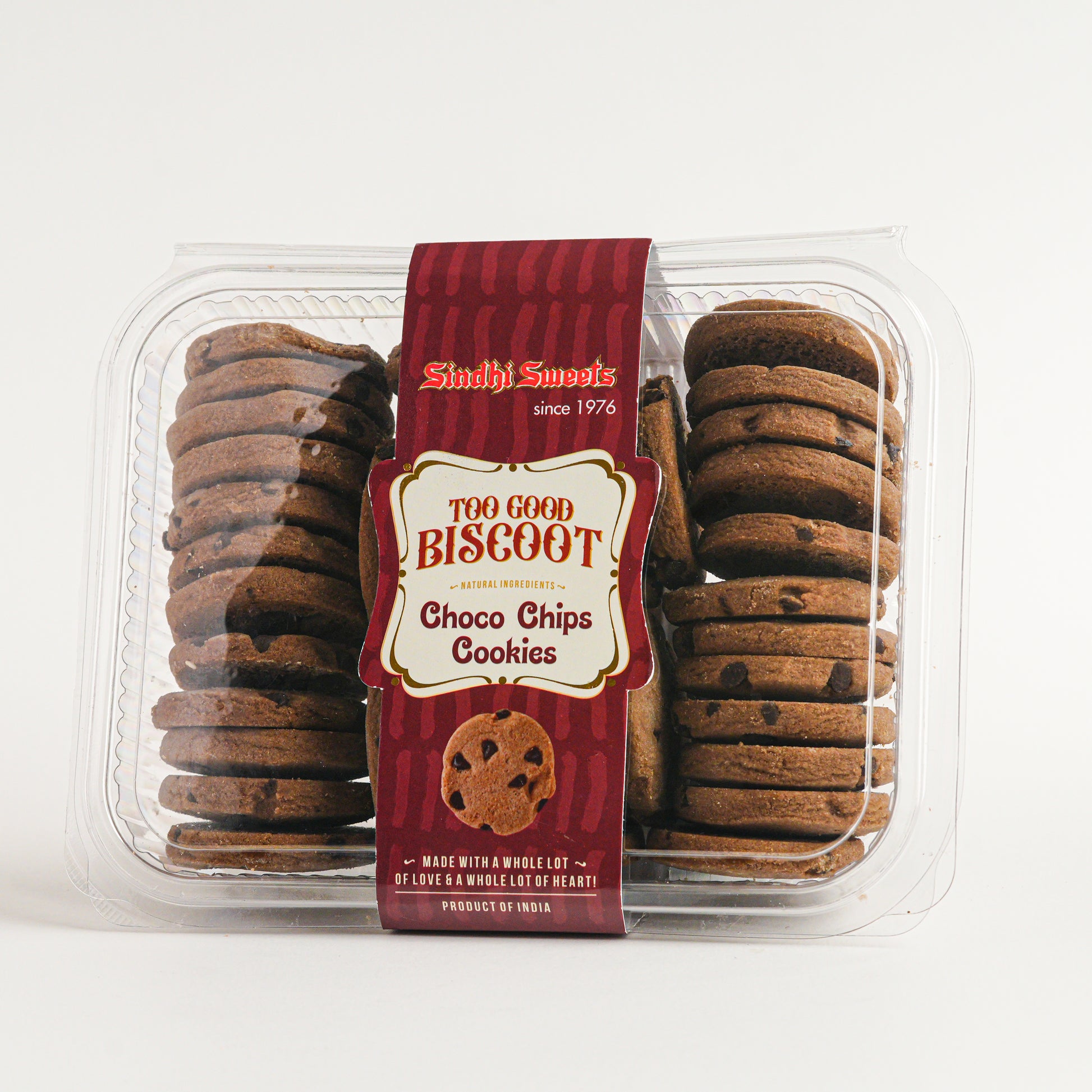 Packaged cookies with a red and white label on a white background