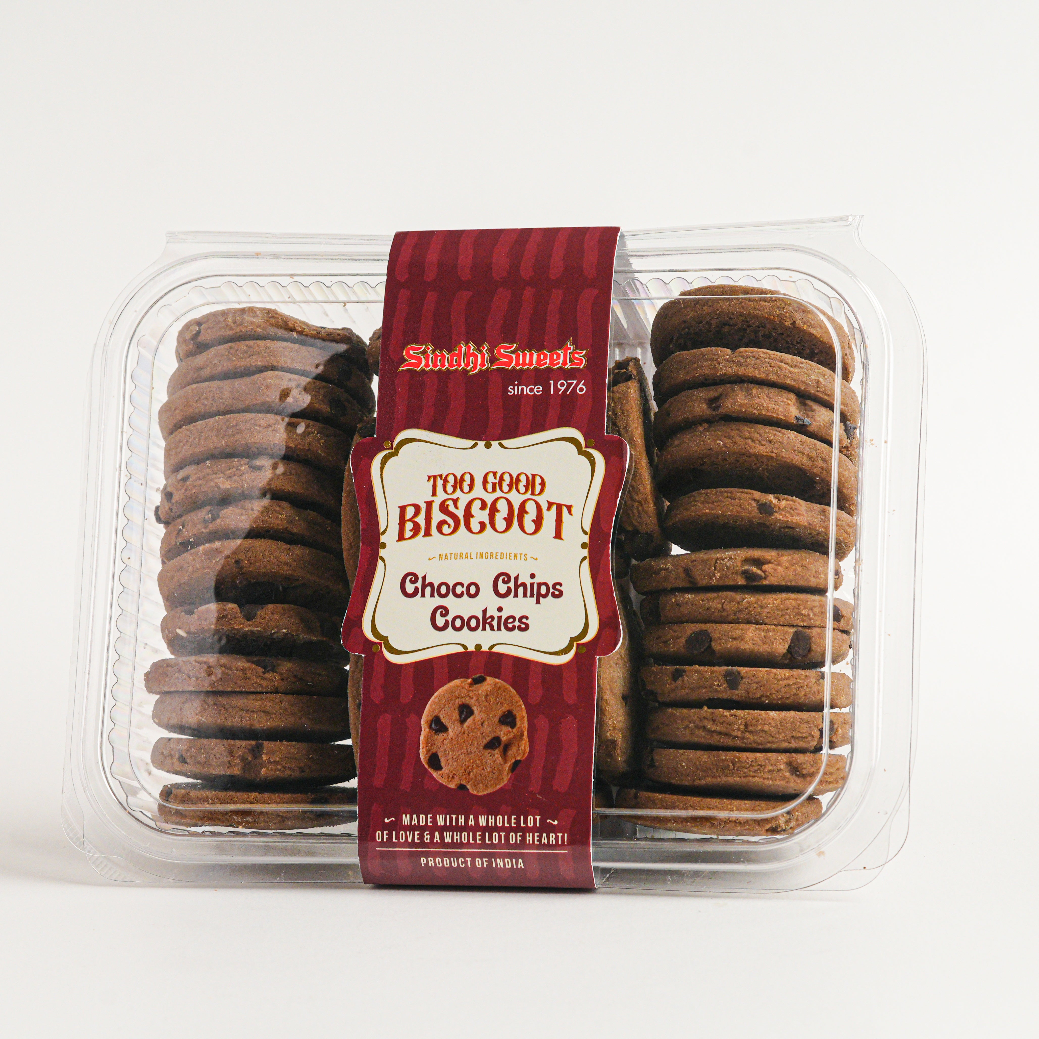 Packaged cookies with a red and white label on a white background