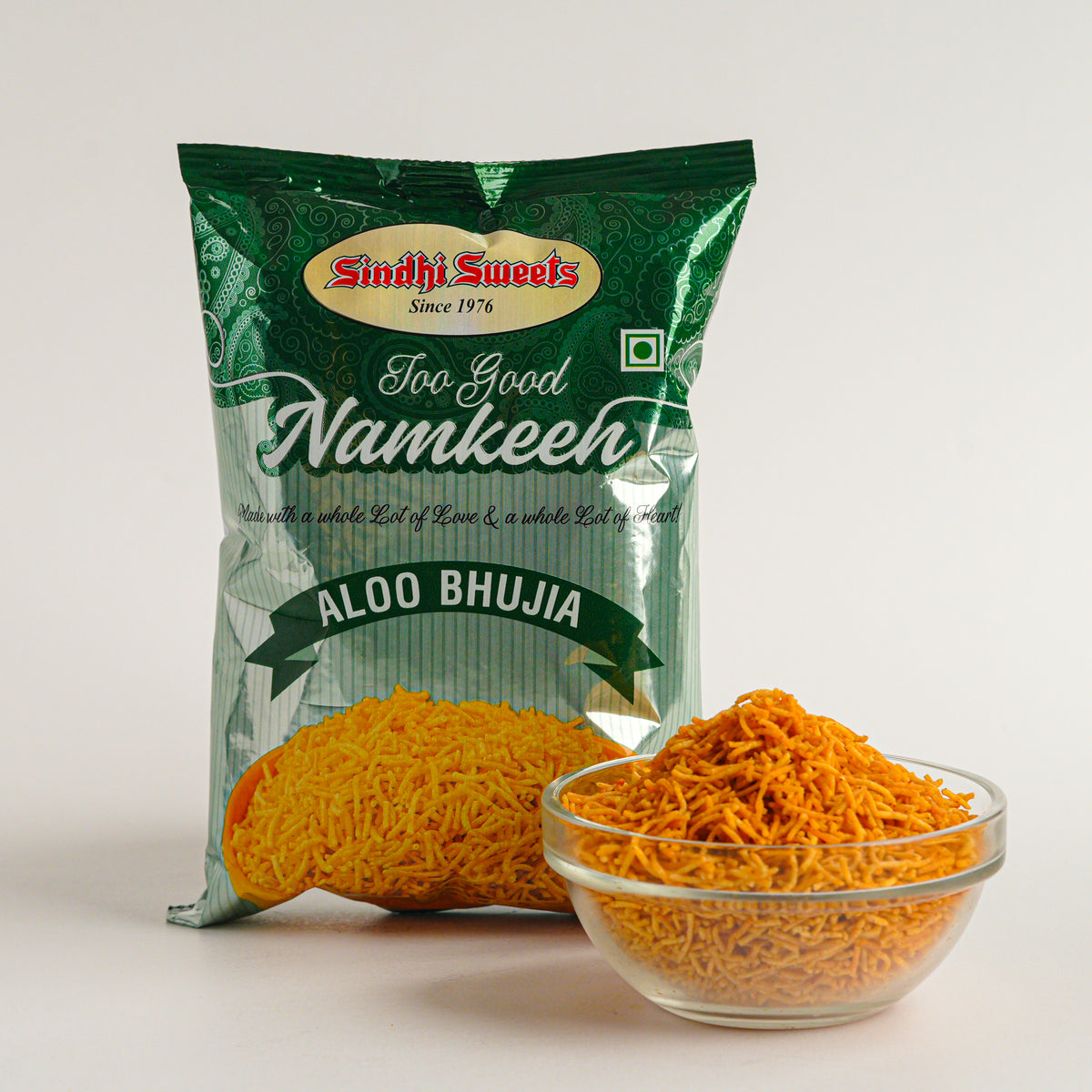 Sindhi Sweets Aloo Bhujia packaging with product on a white background