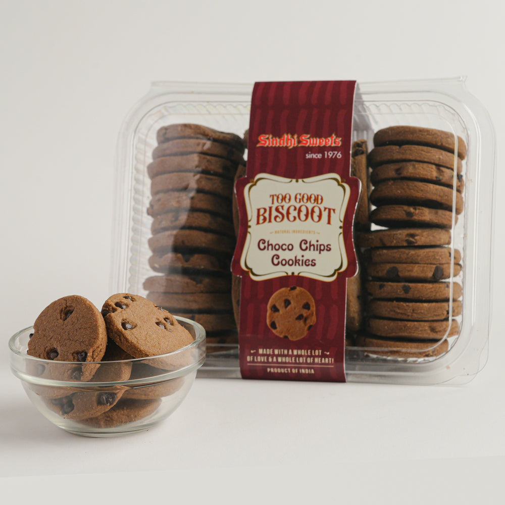Choco chips cookies in a clear packaging with a red label on a white background