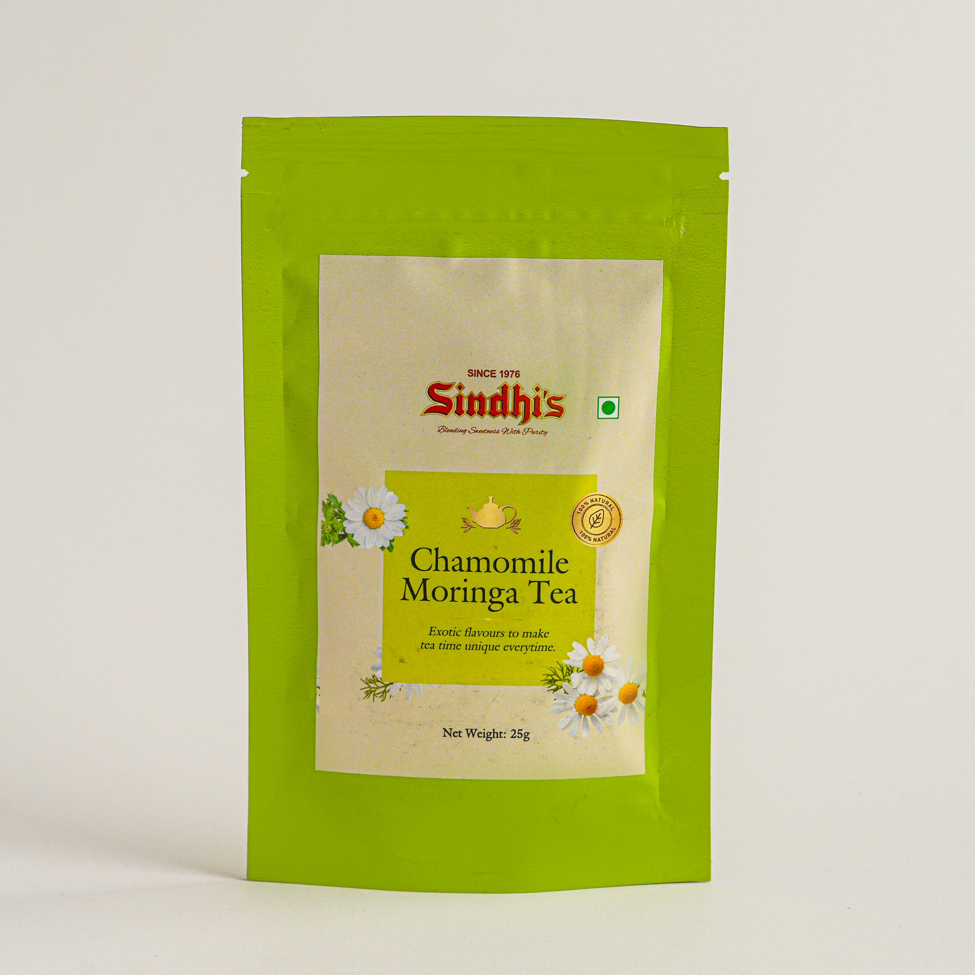 Green package of Sindh's Chamomile Moringa Tea on a light gray background