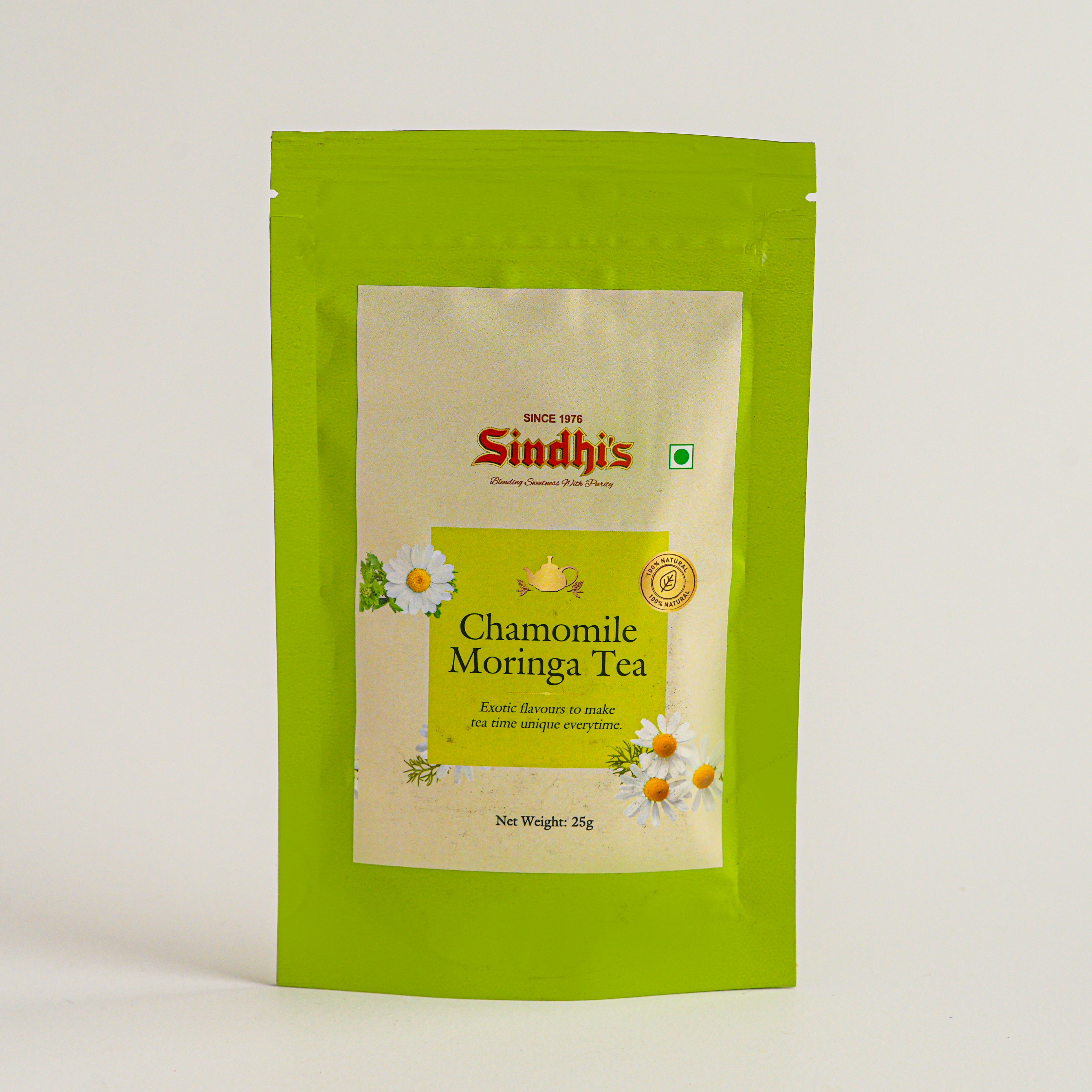 Green package of Sindh's Chamomile Moringa Tea on a light gray background