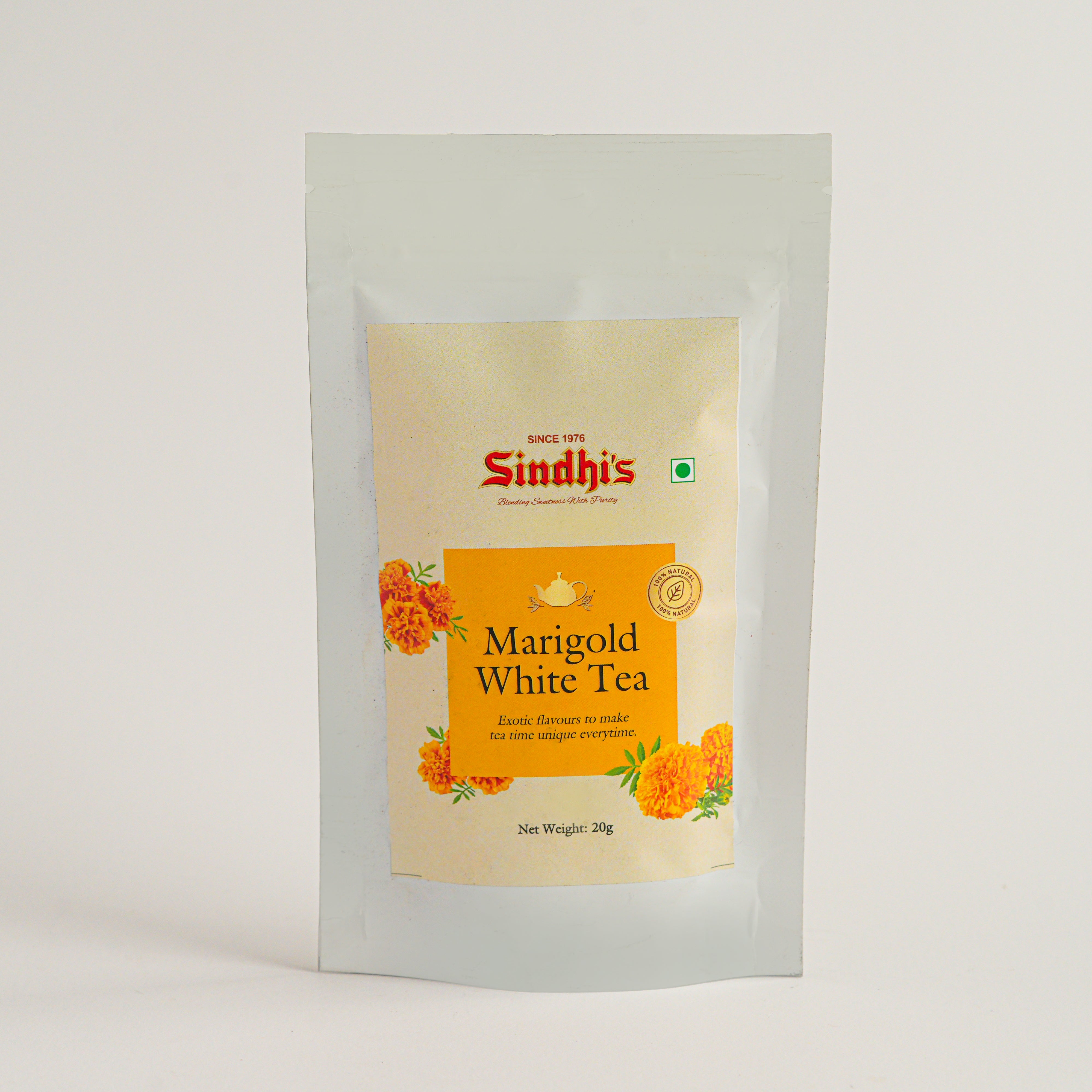 Packaging of Sindhi's Marigold White Tea on a light gray background