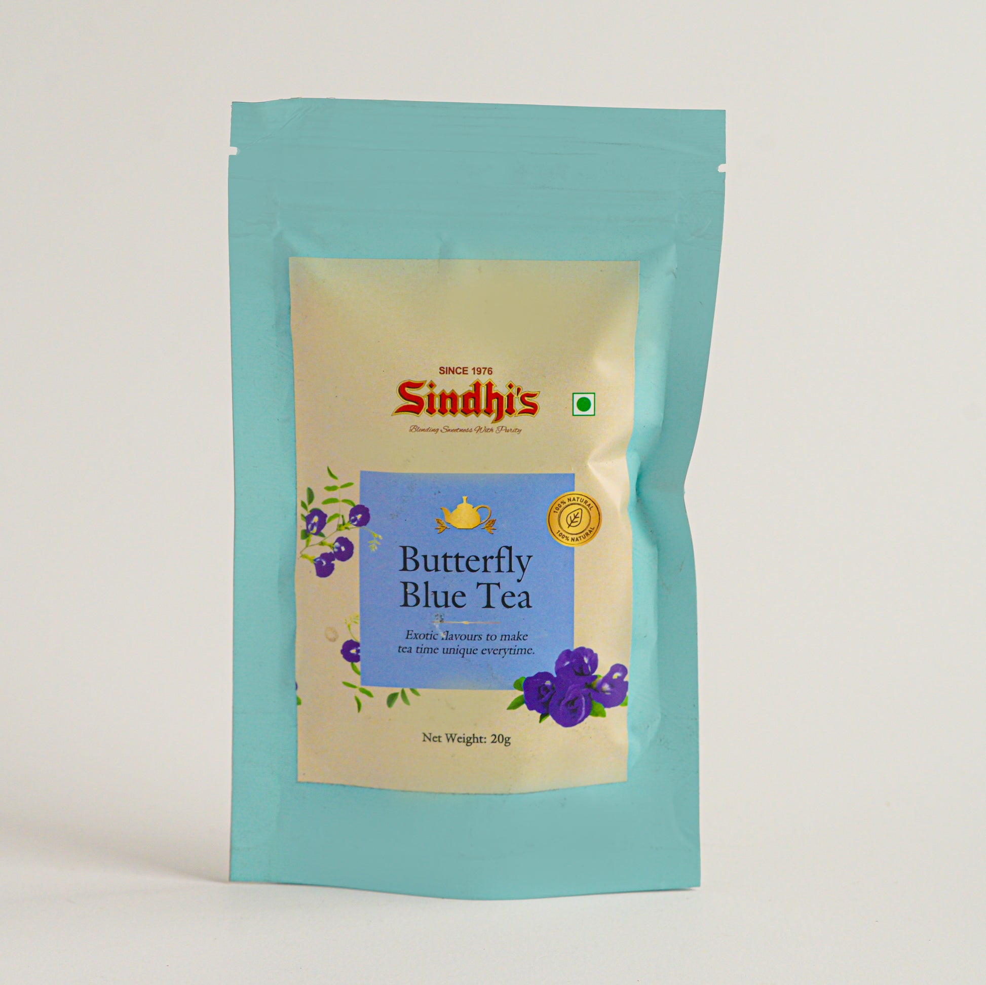 Tea package with 'Sindh's' branding on a light gray background