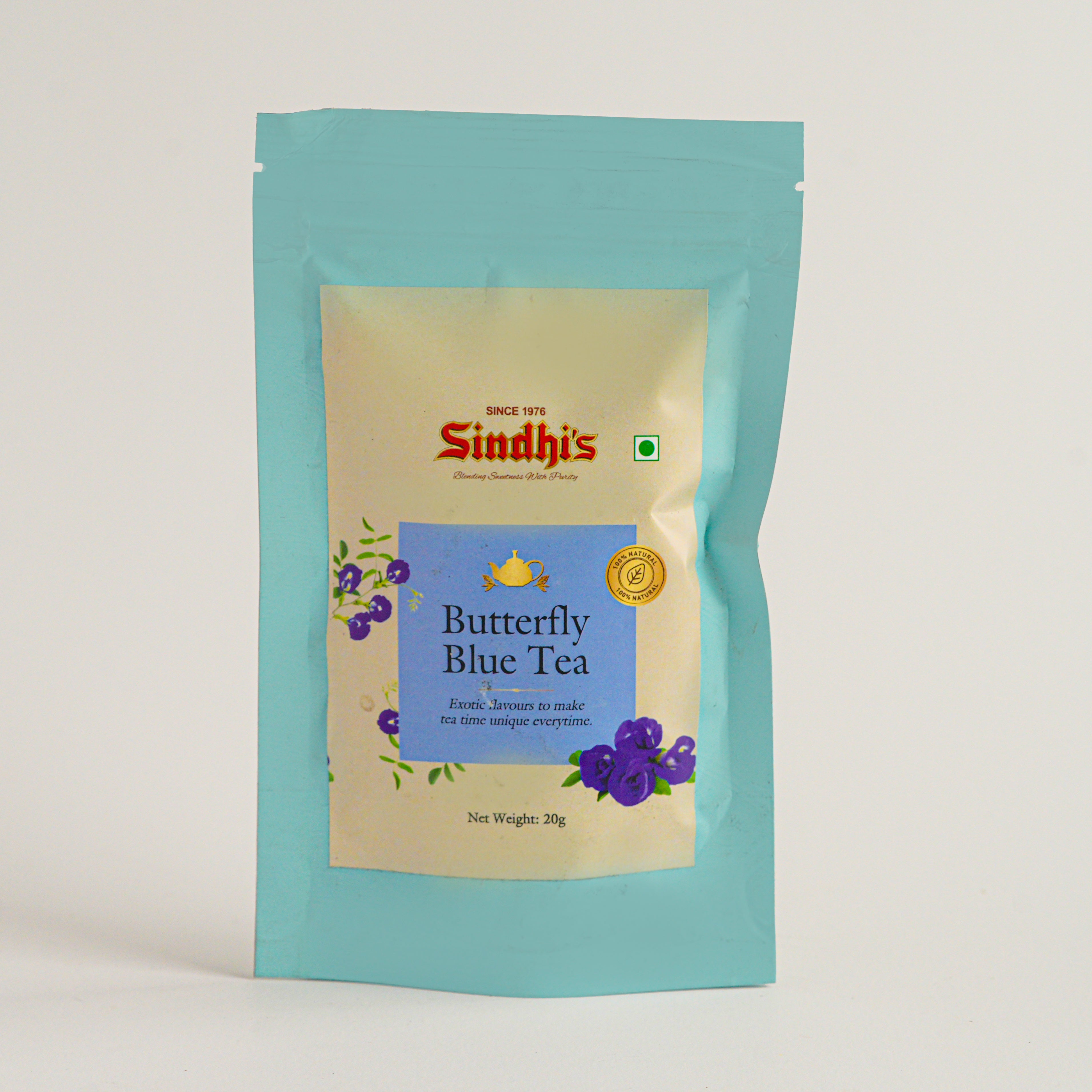 Tea package with 'Sindh's' branding on a light gray background
