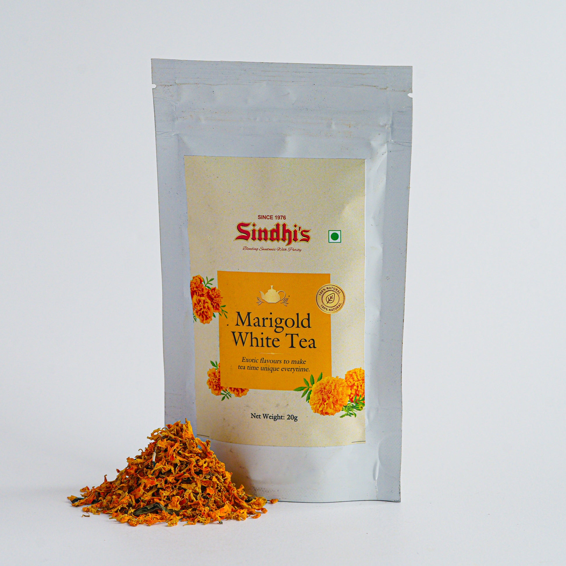 Sindhós Marigold White Tea package with loose tea leaves on a white background
