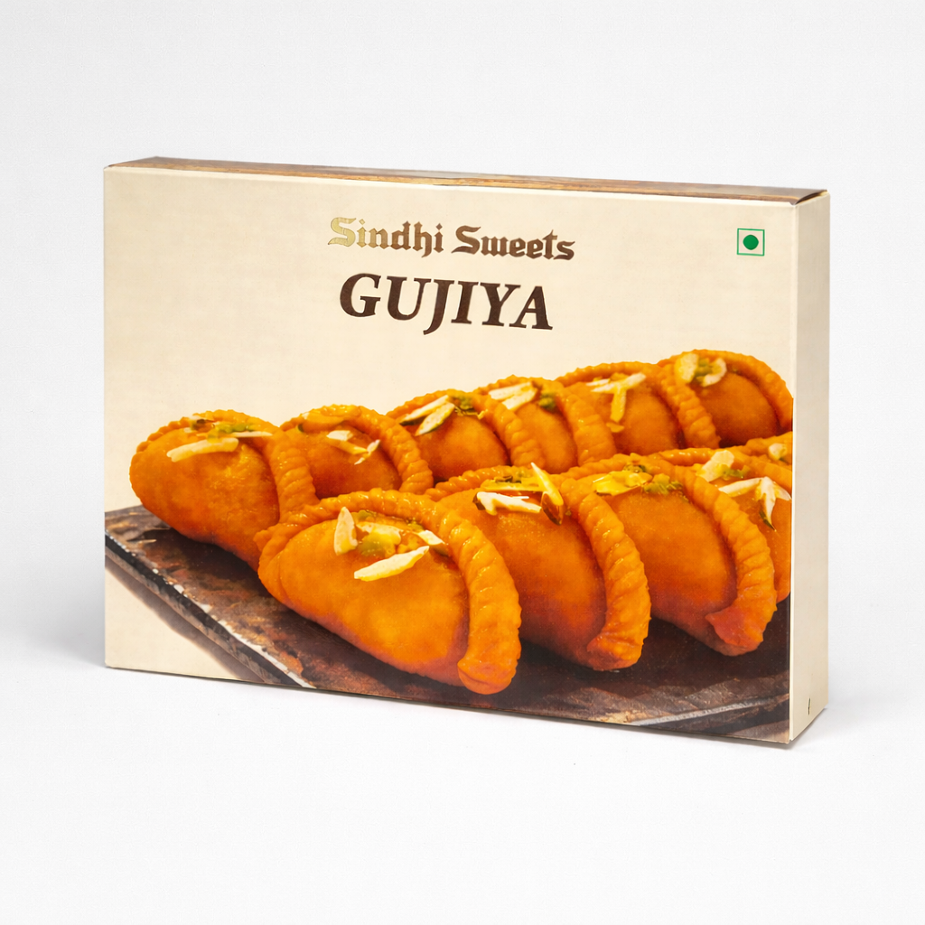 Box of Sindhi Sweets Gujiya on a white background