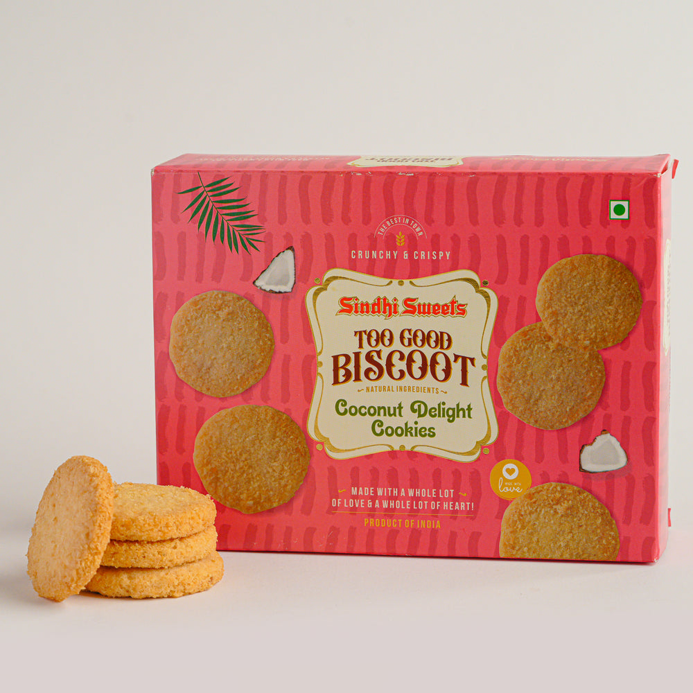 Box of Sindhi Sweets Too Good Biscoot Coconut Delight Cookies with cookies displayed in front