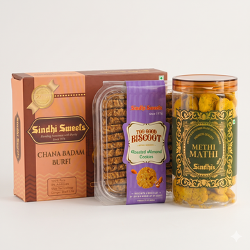 Sweets & Snacking Combo Pack – Chana Badam Burfi, Roasted Almond Cookies & Methi Mathi