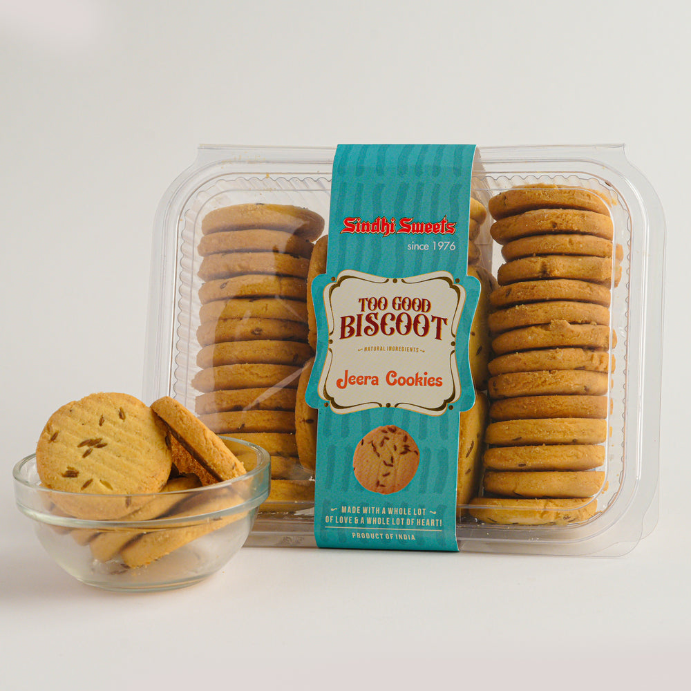 Packaged cookies with a teal label on a white background